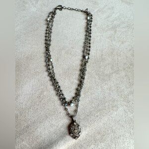 Elegant Grey Crystal Triple Strand Necklace with Pave Diamond Pendant